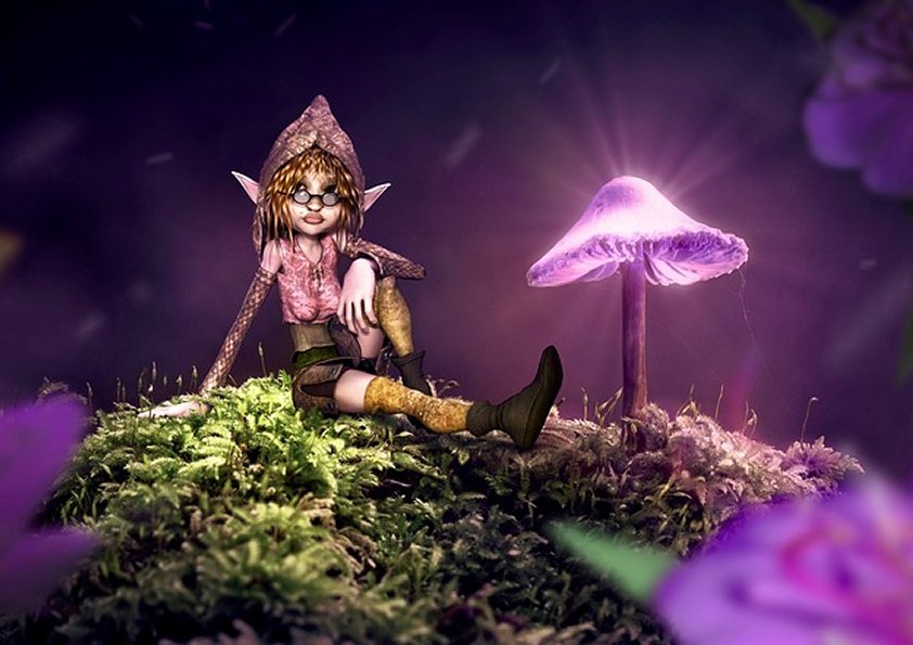 Fantasy Mushroom Elf Flowers Moss Shining Light 